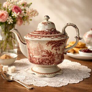 Burton and Burton Red Transferware Style Teapot Pastoral Toile Scenic Ceramic
